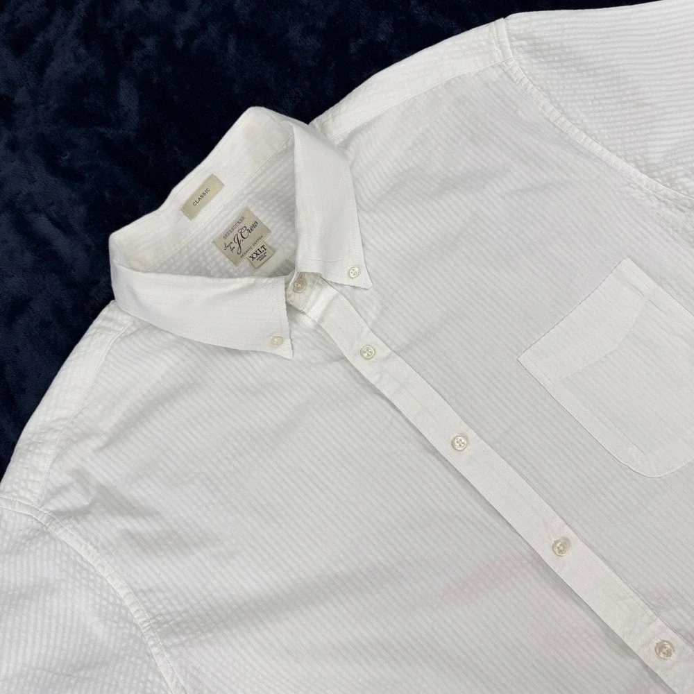 J. Crew Seersucker Mens XXLT Button Down Shirt White Organic Cotton Striped